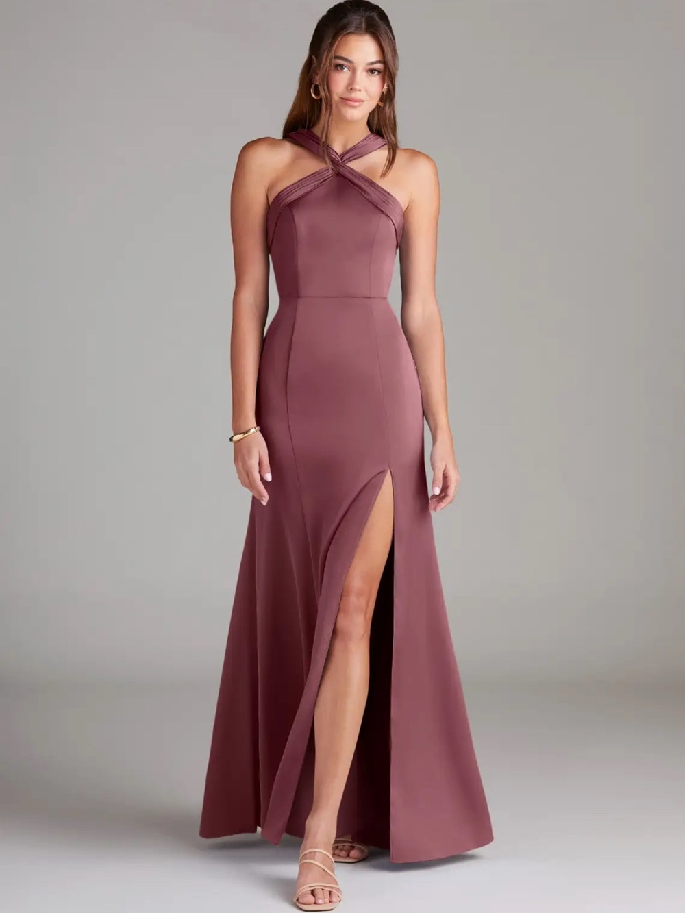 Azazie Twist Halter Maxi Dress in Dusty Rose